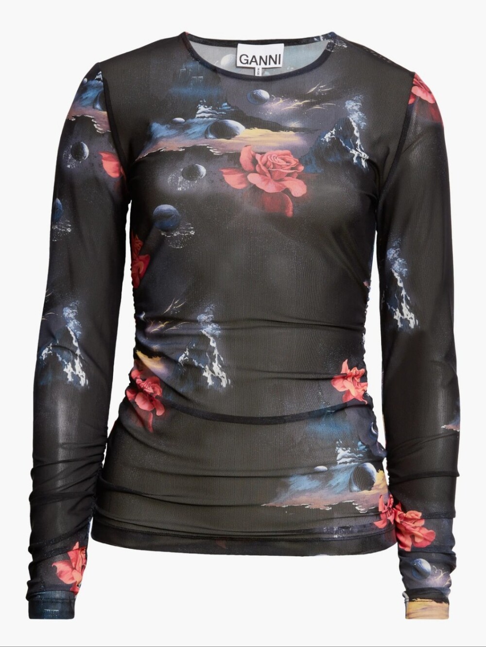 New Ganni Celestial Floral Print Long sleeve Mesh Top Black Women's Size Small